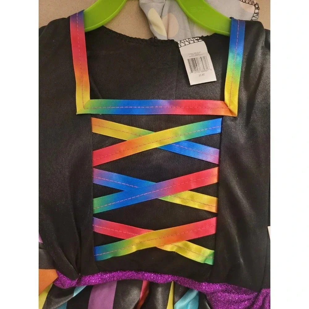 GIRLS 2T 3 PIECE -RAINBOW WITCH HALLOWEEN COSTUME- INCLUDES DRESS HAT TIGHTS NEW